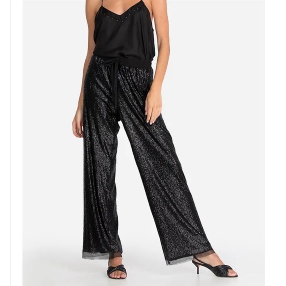 NWOT JOHNNY Was Black Grace Sequin Elastic Drawstring Waist Long Cocktail Pants - Picture 1 of 13